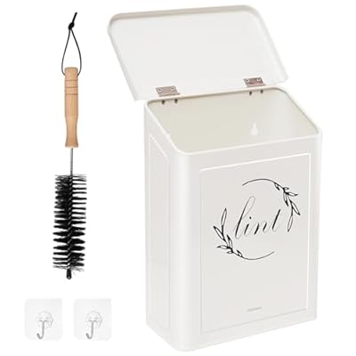 Holismo Magnetic Lint Bin for Laundry Room, Metal Lint Trash Can with Lid for Dryer, Wall Mounted Lint Holder Box with Lint Brush, Modern Farmhouse Laundry Room Decor, Cream