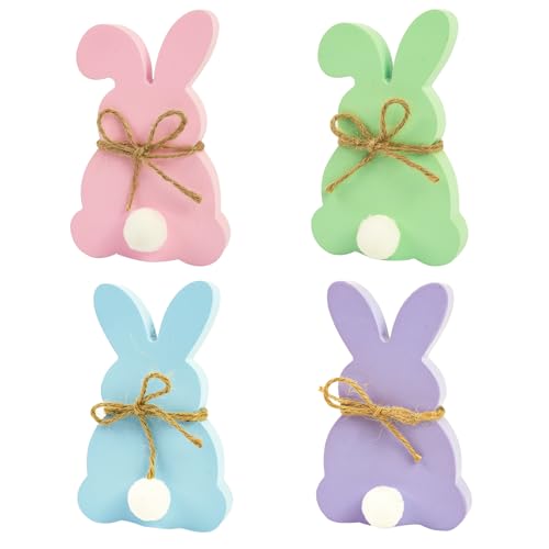 Easter Bunny Decorations, 4 PCS Double Sided Wooden Bunny Sign Spring Easter Table Decorations for Home Office Tiered Tray Tabletop Shelf Mantel Dinin