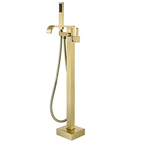 Mitigeur De Bain en Or Brossé Bec De Cascade De Robinet De Baignoire sur Pied De Salle De Bain Autoportant avec Douche À Main Robinet À Une Poignée Froid Et Chaud,d'or Cover