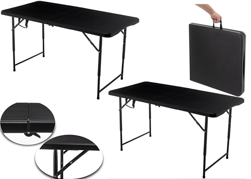Image of BTEXPERT 4 Foot Fold-in-Half Folding Utility Table, Height Adjustable Portable Plastic Table w /Carry Handles, Lightweight Commercial Grade Indoor Outdoor for Picnic, Camping, Office Home Party Black