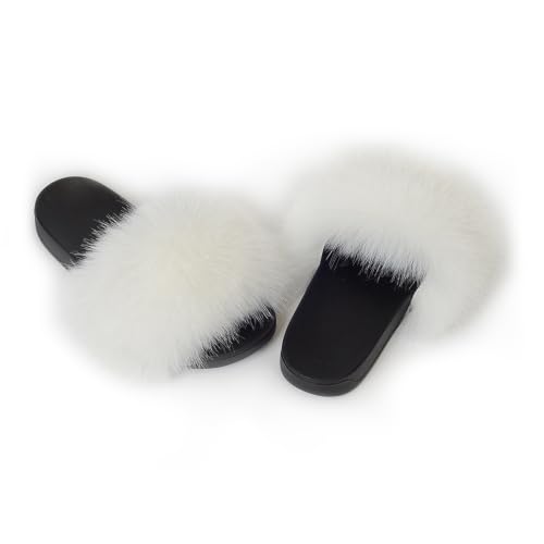 Image of Women's Faux Fur Slides Slippers Fluffy Fuzzy Sandals Open Toe Furry Slide Flip Flop Indoor Outdoor