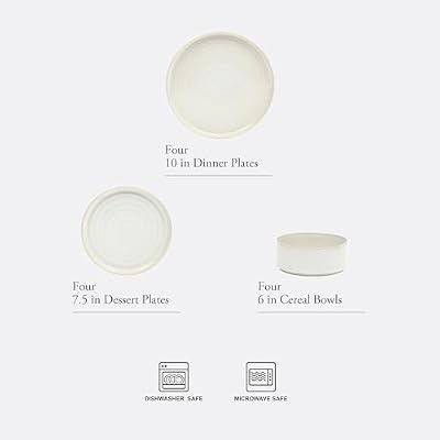 Gibson Elite Echo Bay 12 Piece Porcelain Reactive Glaze (Service for 4) Ceramic Plates and Bowls Modern Stackable Dinnerware Set - White