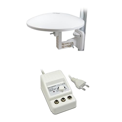 Metronic Pack Antenne TV extérieure omnidirectionnelle pour Camping-Car + Amplificateur TV d'intérieur – Compatible TNT HD, Caravane, Fourgon, Bateau, Installation complète