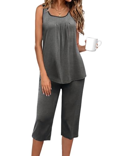 Image of Ekouaer Capri Pajama Sets for Women 2 Piece Soft Cute Pjs Round Neck Sleeveless Lounge Set for Summer Sleepwear S-XXXL