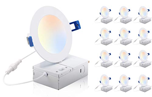 CLOUDY BAY 4 inch 3000K/4000K/5000K Three Color Temperature Selectable, Dimmable 10W CRI 90+, IC Rated,Ultra Thin Recessed Downlight with Junction Box, Canless Wafer Downlight,White Finish, 12 Pack