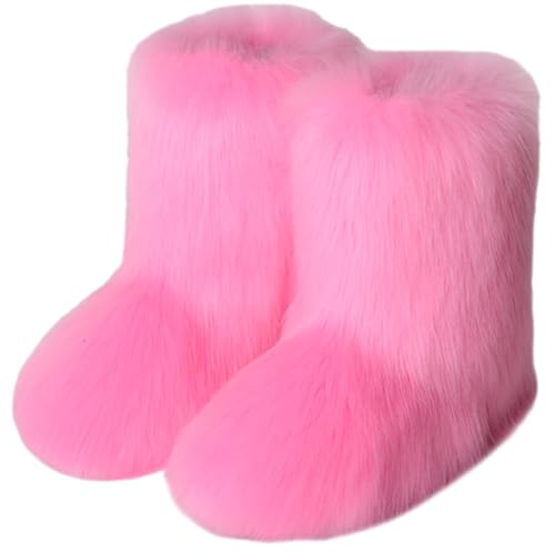 Womens Furry Faux Fur Booties Winter Warm Snow Ankle Boots Fuzzy Fluffy Furry Mid Calf Boots Outdoor Comfy Flat Shoes