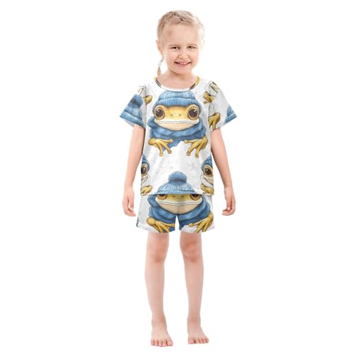Pajama Short Sets Frog Wearing Winter Blue Hat Soft Cotton Summer Sleepwear 2 Piece PJS Size 5-14T4