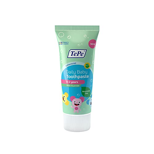 Pasta dental TePe Daily Baby, sin sabor, de 0 a 2 años, pasta dentífrica suave con flúor de uso diario para prevenir caries en bebés, nivel de flúor adecuado para la edad