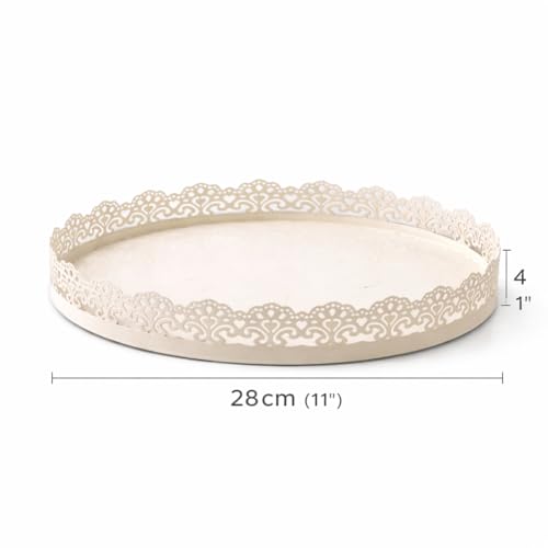 Image of Gold Finish Decorative Metal Tray | Multipurpose Serving & Vanity Tray | Premium Cutwork Design | Home Decor Organizer | 28 x 4 cm (Ivory)
