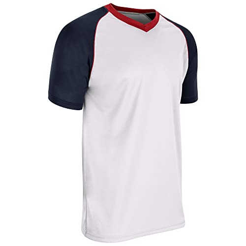 Champro Boys' Bunt Lightweight Mesh Baseball/Soccer Jersey, White,Navy,Scarlet, Youth X-Large