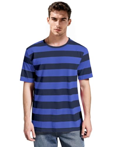 Navy and Blue Striped Shirt for Men Wide Stripes T Shirts Crew Neck Short Sleeve Tees Tops L