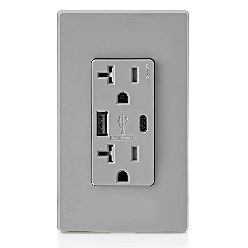 Image of Leviton Type A & Type-C USB In-Wall Charger with 20A Tamper-Resistant Outlet, USB Charger for Smartphones and Tablets. Not for Laptops, T5833-GY, Gray
