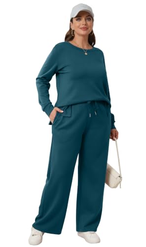 Image of WIHOLL Women's 2 Piece Lounge Sets Sweatshirt Casual Travel Outfits Fashion Wide Leg Tracksuit Cozy Sweatsuits
