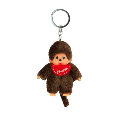 Sekiguchi 2534 - Fille ou Garçon Monchhichi Original, en Peluche Marron, avec Bavoir, Porte-Clés, environ 10 cm, Assortis