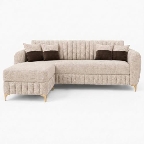 Image of CASASTYLE Signature Velour 4-Seater L-Shape Sofa Set with Movable Ottoman | Flexible LHS /RHS Layout | Boucle Weave Fabric | 40D Foam + Zigzag Spring | 3-Yr Warranty (Sandstone Beige)