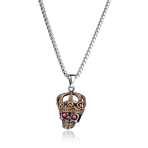 Pirate Necklace Skull Necklace for Men Stainless Steel Necklace Skull Jewelry for Men Gothic Necklaces Pirate Skeleton Halloween Gifts for Man Boys Headphone (Silver) (crownG)