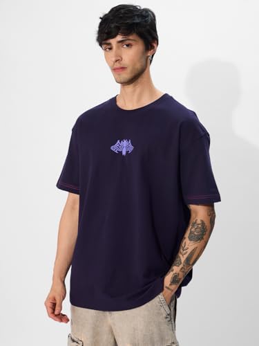 Image of The Souled Store Official Marvel: Spider x Venom Oversized T-Shirt for Men Boys Cotton Casual Half Sleeves Baggy Loose Fit Drop Shoulder Round Neck Black