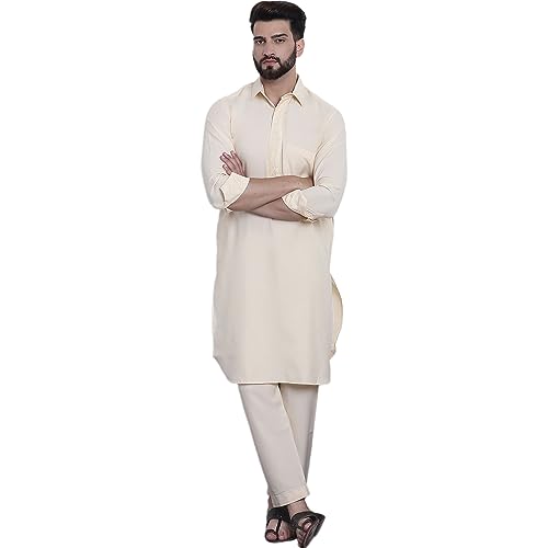 Image of SOJANYA Men's Cotton Silk Pathani Kurta Set with Wide Leg Straight Fit Salwar