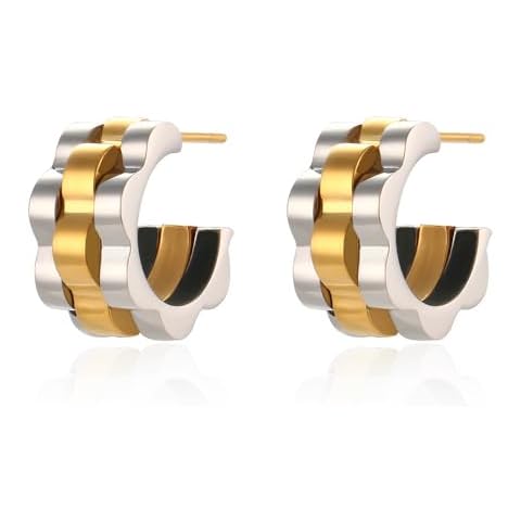 Two Tone Watch Band Hoop Earrings for Women 18K Gold Plated Post Thick Chain C Earrings Watch Link Open Hoop Statement Jewelry Cover