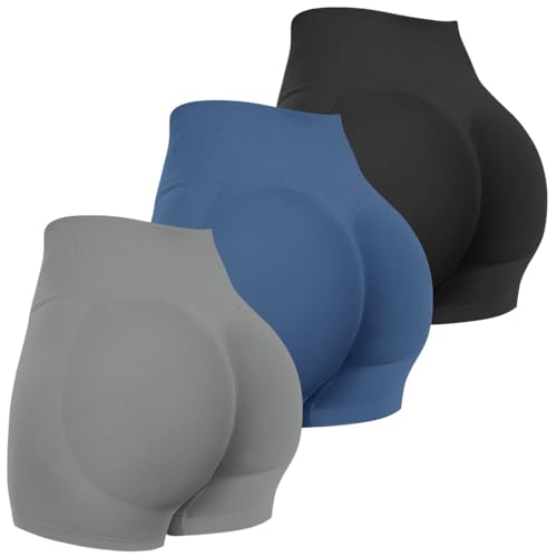 MAYROUND Fitness-Shorts für Damen, 3er-Pack, Scrunch Bum, nahtlos, Radfahren, hohe Taille, 11,4 cm, Workout, Yoga, Booty-Shorts, Schwarz, Dunkelgrau, Blaugrau, L