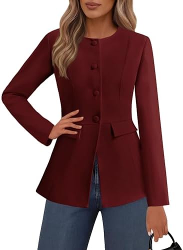 Lazysmile Blazers for Women Long Sleeve Crewneck Button Down Suit Jackets Work Office Business Casual Outfits with Pockets
