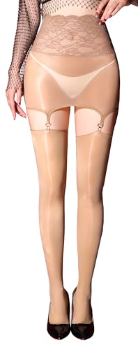 Image of FEOYA Women's Oil Shiny Lace Top Garter Pantyhose with Shimmer Thigh High Stockings Suspender Tights Hosiery (No Thong)