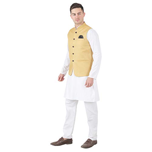 Image of TAHVO Men's Nehru Jacket /Waistcoat /Modi Jacket Cotton Fabric /Men 's 5 Button Nehru Jacket with Hanky Kurta Set