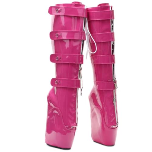 SKLKHO 18cm High Heel Knee-High Boots, Lockable Lace-Up & Zip Front with Buckle Strap, for Fetish, Gothic, Parties, Y2K, Nightlife,Rose red,14