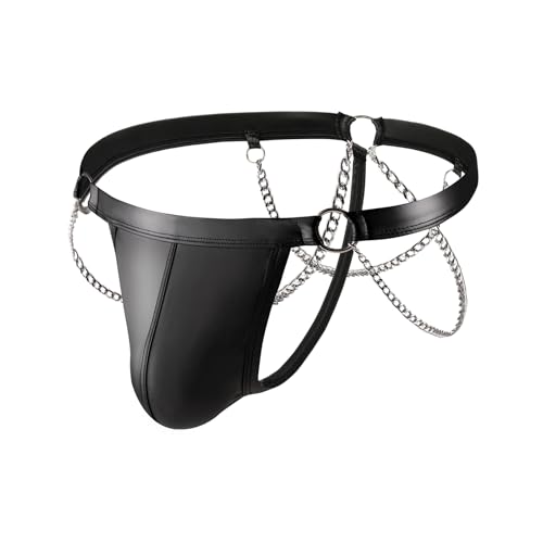 Evankin Men Sexy Leather Thong with Metal Chains Hollow Out T-Back Underwear Low Rise Bikini