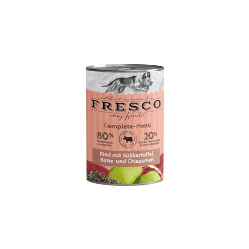 Fresco Complete-Menü Rind mit Süßkartoffeln, Birne & Chiasamen | 12er Pack | 12 x 400 g | Nassbarf für Hunde | Wichtige Proteine & Eiweiß | Aus reinem Muskelfleisch