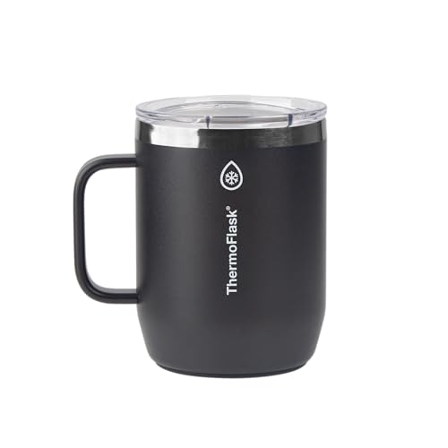 Image of ThermoFlask Insulated Coffee Mug with Handle and Splash-Resistant Lid (12 oz, Jet Black) - Stainless Steel Travel Mug for Coffee & Tea