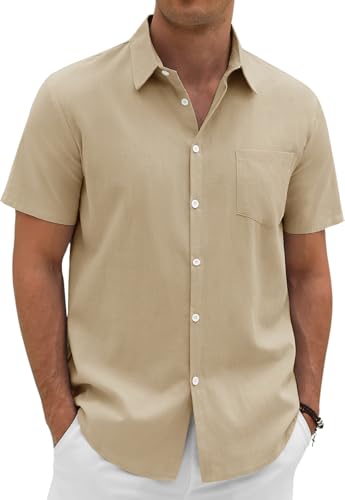 Lonya Men's Linen Cotton Shirts Summer Short Sleeve Regular Fit Shirt Casual Smart Button Down Tops Work Holiday Beach Shirt with Pocket, Khaki, S