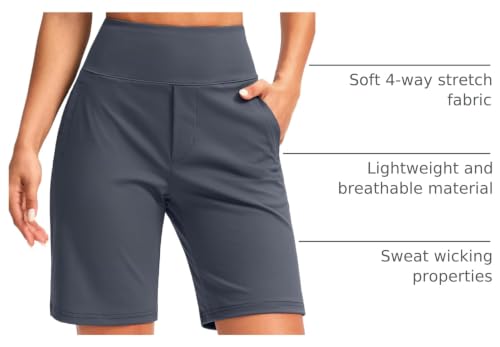 Image of SANTINY Women's 9 inch High Waisted Bermuda Shorts with 4 Pockets Knee Length Long Shorts for Women Workout Athletic Casual