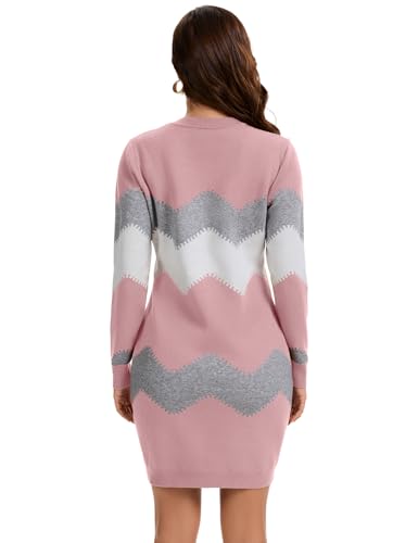 PEHMEA Women's Knitted Striped Bodycon Mini Sweater Dress Long Sleeve Crew Neck Fall Winter3
