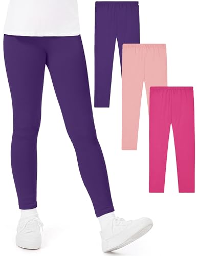 KEREDA 3er-Pack Leggings Mädchen Sporthose Kinder Baumwolle Sport Hose Teenager Turnhose Lang Rosarot/Rosa/Dunkelviolett 116-122