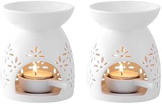 LOVECASA Essential Oil Burners Set of 2, Ceramic Wax Melt Burners White Assorted Wax Tarts Holder Candle Scented Diffuser for Aroma Oil and Wax Melts Home Office,Top plate diameter 9.5cm