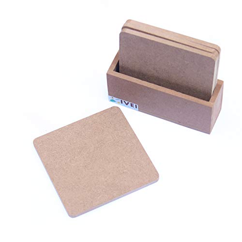 Image of IVEI MDF DIY Coasters with Holder Stand - MDF Plain Wooden Coasters & Holder Blank Cutouts for Painting, Sheet Craft, Decoupage, Resin Art Work & Decoration (Square with Vertical Holder)