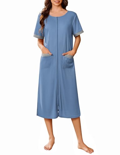 Ekouaer Zip Up Robes for Women Long Waffle Knit Bathrobe Lightweight house coat Soft Full Length Nightgown with Pockets S-3XL