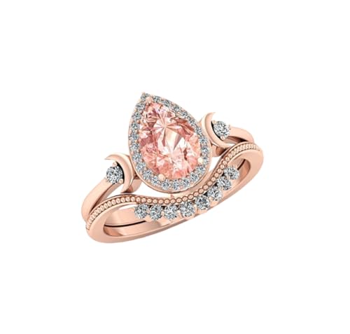 Pear-Cut Morganite Engagement Ring, Rose Gold, Diamond Halo, Vintage-Style Wedding Band Set