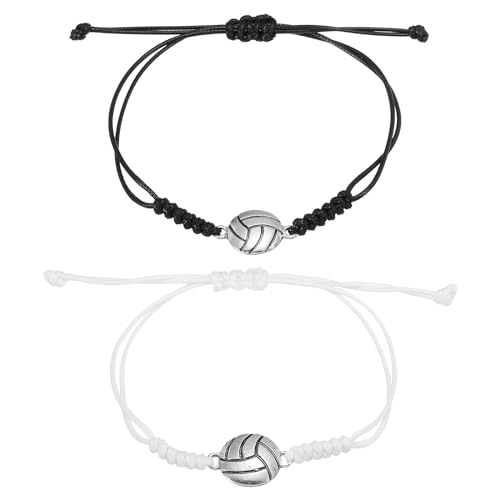 PATIKIL Volleyball Bracelets, 2 Pcs Volleyball Gifts Braided Wristbands with Volleyball Beads for Teenagers, Adults, Black White