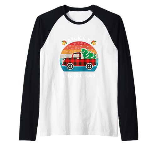 Retro Red Truck Buffalo Plaid Tree Merry Christmas Hombres Mujeres Camiseta Manga Raglan