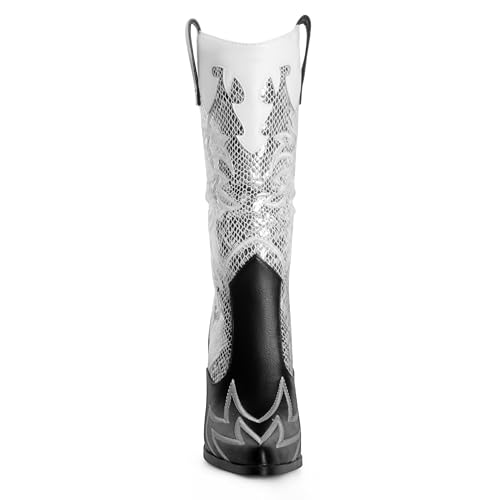 Image of ANN CREEK Women's Cowboy Boots Cowgirl Mid Calf Knee-high Boots Contrast Embroidery Pointed Toe Chunky Heel Western Wide Calf