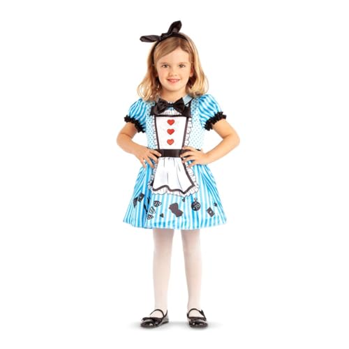 My Other Me - Disfarce Alice menina, tamanho 3-4 anos. Inclui diadema preta com laço, vestido branco com riscas e pontos azuis, mangas com punhos pretos, avental pintado com corações e saia ilustrada.