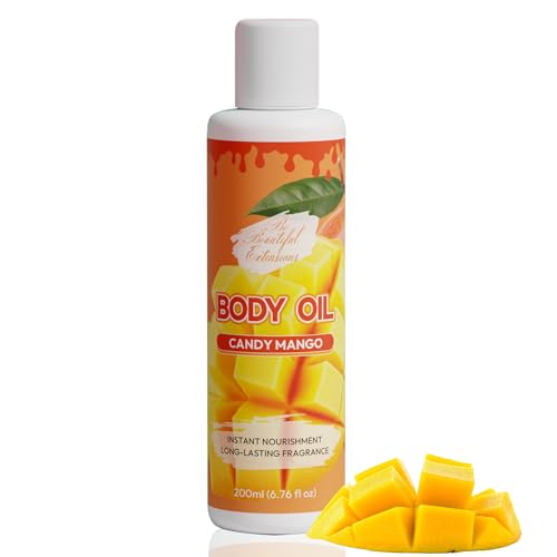 Image of Body oil designed for Deep Hydration to nourish, protect, and rejuvenate the skin while leaving it with a soft, radiant glow and a candy mango scent long -lasting fragrance, jojoba oil and more 6.76oz