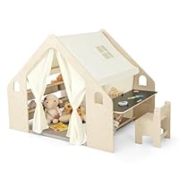 COSTWAY Kids Play Tent, Wooden Playhouse with Floor Mat, Blackboard, Storage Bin, Toddler Table and Chair Set for 3-6 Years Old