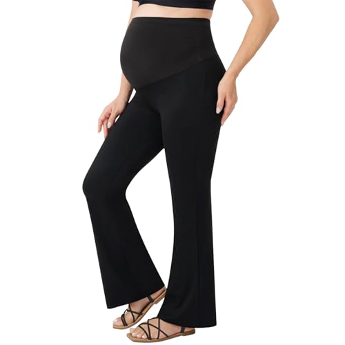 Risipu Pantalon de maternité pour femme taille haute doux et extensible pour grossesse avec jambes larges confortables pour le ventre pantalons de travail et de détente avec poches, Noir , L