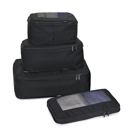 INNKGLE Compression Travel Packing Cubes 4 Set -Black- Recycled PET Fabric, Space-Saving Organiser Bags for Suitcase, Travel & Home Storage - Ideal for Clothes, Shoes & Gear