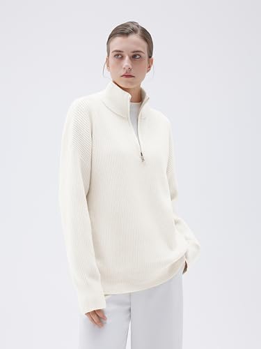 Image of SUUKSESS Women Cashmere Blend Oversized Quarter Zip Pullover Sweater Long Sleeve Collared Ribbed Knit Jumper Tops