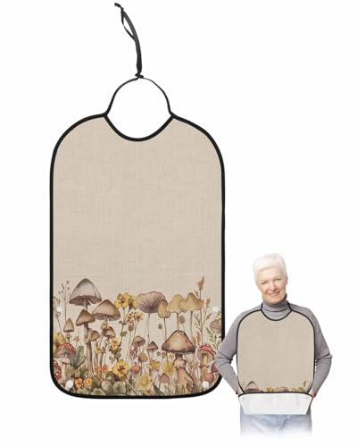 LEOKOTI Mushroom Adult Bibs for Eating, Waterproof Bibs with Food Catcher & Adjustable Snap Closure, Farmhouse Summer Botanical Floral Rustic Washable Clothing Protectors Adult Bibs for Elderly