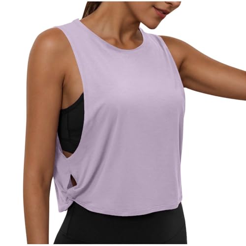 Dyhxuan Top deportivo para mujer, corto, fitness, yoga, sin mangas, camiseta deportiva monocolor, cuello redondo, camiseta deportiva lateral hueca, camiseta de verano, ligera, transpirable, camiseta